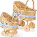 2PC Wicker Carriage Flower Basket, Willow Centerpiece Decor Wooden Wheels