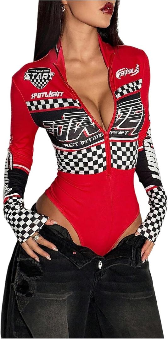 SOLY HUX Women's Racer Bodysuit Costumes Graphic Half Zip Long Sleeve Leotard Motorcycle Shirt Red Multi Large