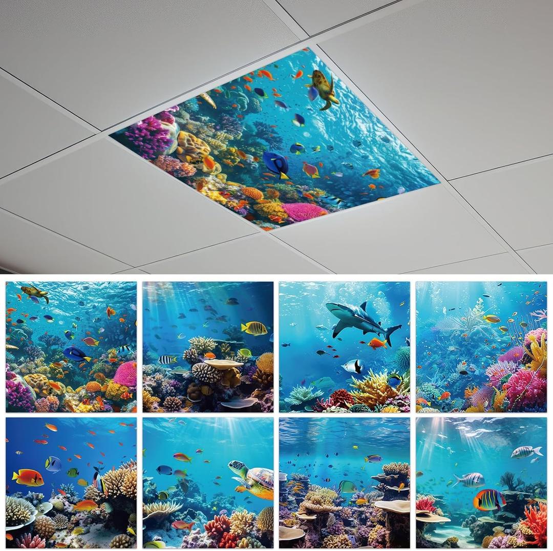 8 Pcs Fluorescent Light Covers with 64 Magnets Decorative for Classroom Ceiling Light 2 x 2 Feet Magnetic Light Covers Filter Easy Install for Office Hospitals & Home Drop Ceiling Supplies Ocean