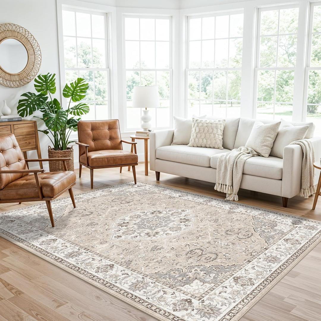 Washable 5x8 Living Room Area Rug: Vintage Water-Resistant Soft Rug for Bedroom Dining Room Non Slip Apartment Low Pile Carpet Thin Floor Mat for Dorm Home Office Printed Beside Rug(5x8，Beige)