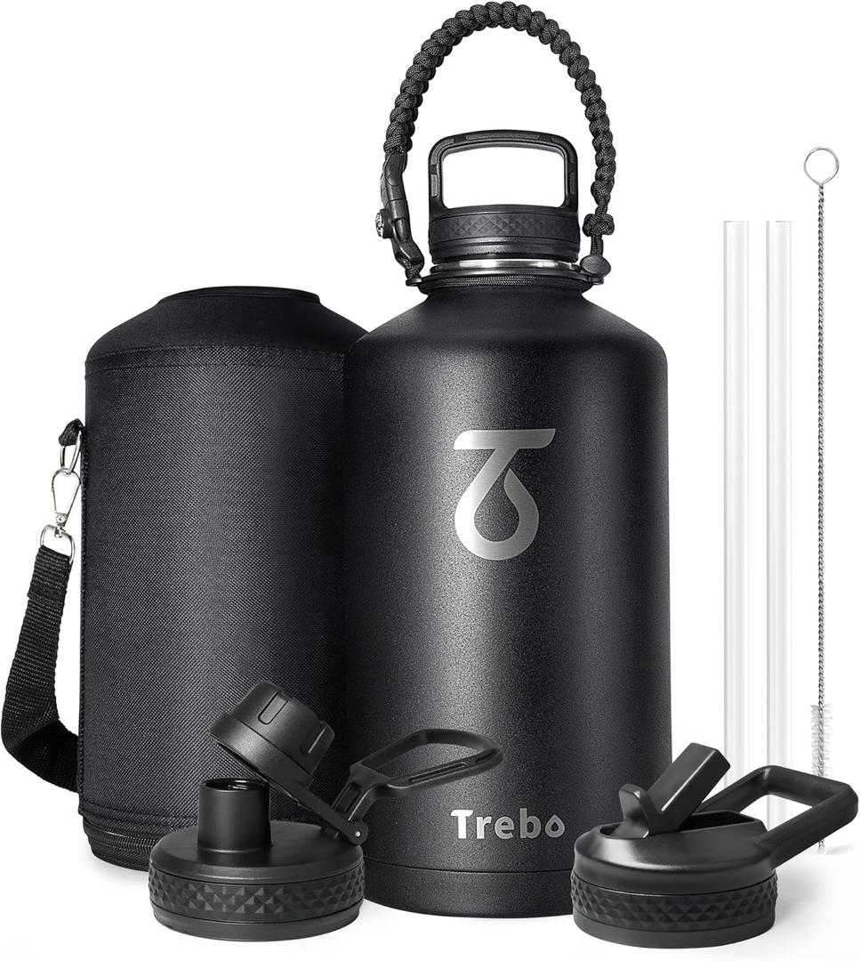 Trebo One Gallon Water Bottle Insulated with Paracord Handle,128oz Large Vacuum Double Wall Stainless Steel Insulated Jug with Straw Spout Handle Lids, Leakproof Keep Cold & Hot,Black
