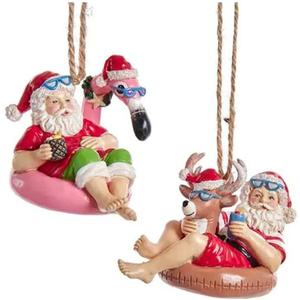 Kurt Adler Beach Santa on Flamingo and Reindeer Floats Christmas Holiday Ornaments Set of 2