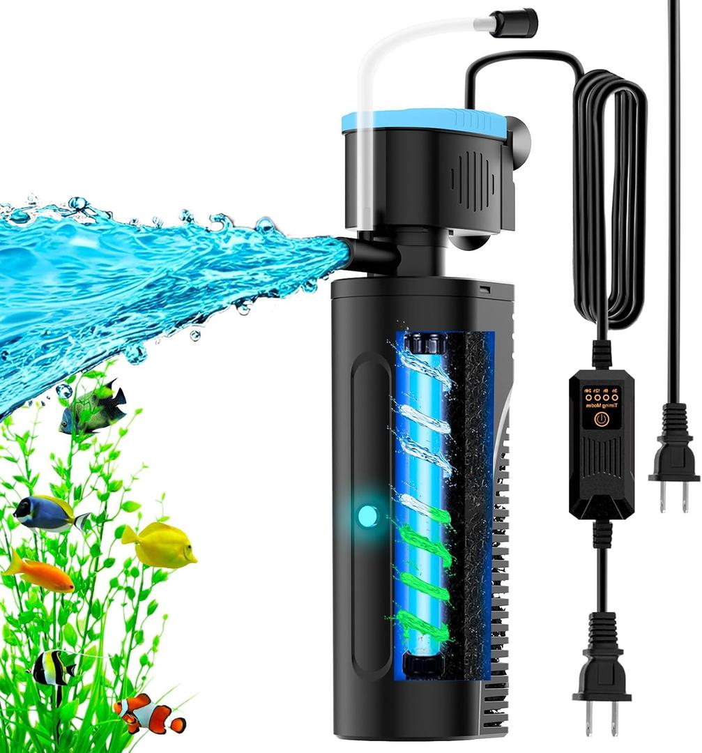 Aquarium Filter | U-V Fish Tank Filter for Green Water Cleaning | U-V Clarifier with Timer | Aeration & Rainfall Mode | Turtle Tank Filter | Submersible Pump with Filter | for 20-70 Gallons