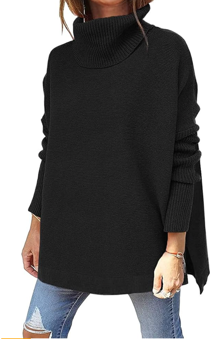 LILLUSORY Women's Turtleneck Oversized Sweaters Long Batwing Sleeve Spilt Hem Tunic Pullover Knit, Size XL