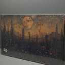 Full Moon Forest Canvas Wall Art Vintage Moonlit Pine Tree Mountains and Wildflowers Woodland Nature Landscape Picture Wall Decor Poster Print Artwork for Bedroom Living Room Home Decoration (36"L x 24"W)