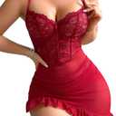 Sexy Lingerie for Women Babydoll Lingerie Dress with Underwire Push Up Bra Lace Chemise Ruffle Hem Valentines Gift (Medium, Burgundy)