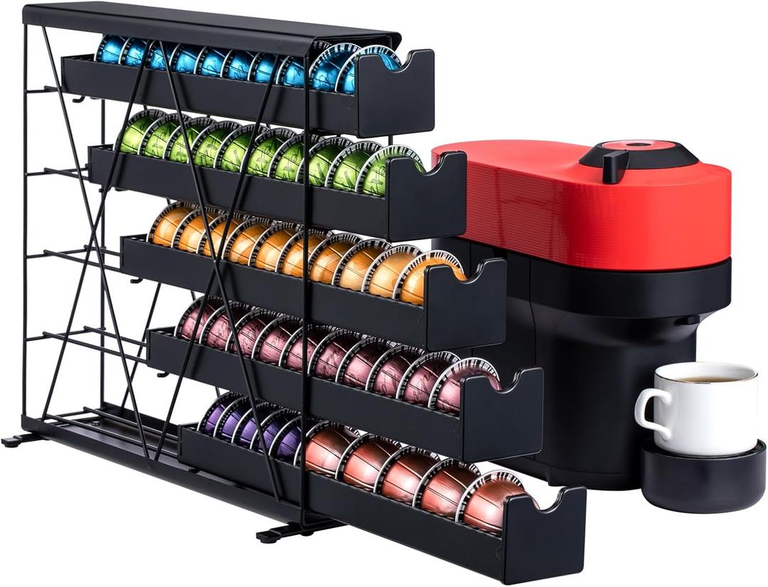 ZCDCP Black Metal 5 Tier Coffee Pod Holder, Nespresso Coffee Pod Holder Coffee Pod Wall Mountable Storage Drawer, for Vtline Capsule Coffee Machine (50 Pods Capacity)