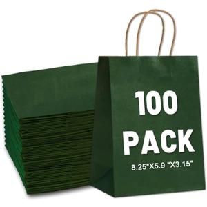 LIHOMR Gift Bags 8.25" x5.9 x3.15 100Pcs Paper Bags with Handles,kraft paper Bags for Small Business Christmas Bulk, Wedding, Party Favor, Shopping, Lunch, Halloween Trick-or-Treat (Green)