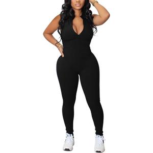 chicyes Women's Sexy Jumpsuits Workout Sleeveless Ribbed One Piece Casual Pants Plus Size Romper Summer Outfits (Black, XL)