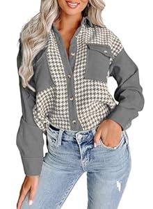Dokotoo Womens Ladies Spring Fashion Contrast Patchwork V Neck Long Sleeve Button Down Corduroy Shirts with Pockets Casual Loose Plaid Blouses Tops for Women Outwear Shacket Coat Gray Medium