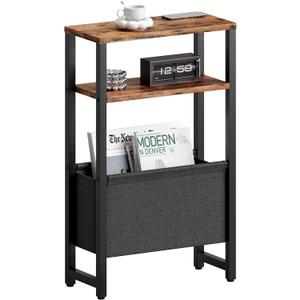 Narrow Side Table with Charging Station Slim End Table Sofa with Magazine Rack, Bedside Table for Small Spaces, 3 Tier Nightstand for Living Room Couch, Bedroom Rustic Brown LET503RE