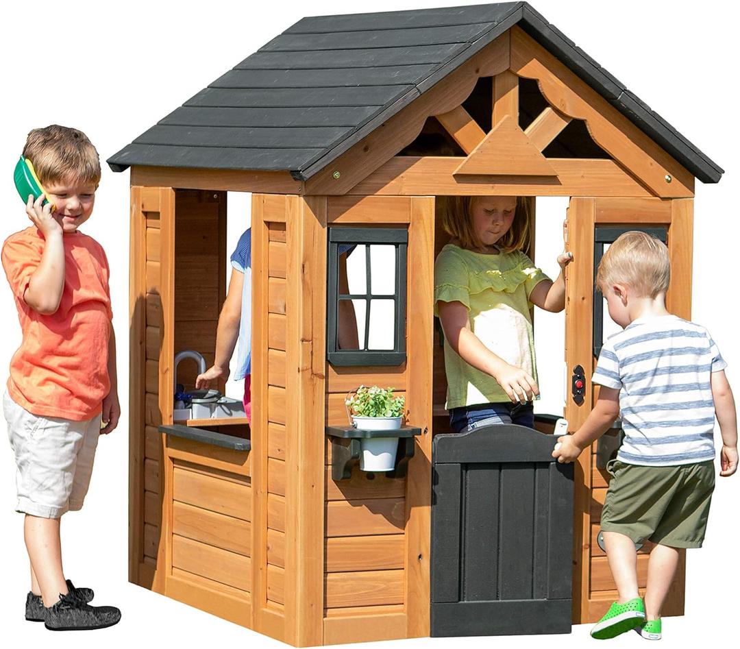Backyard Discovery Sweetwater Cedar Wooden Kids Playhouse Cottage with Play Kitchen, Snack Bar, Half Door, Toy Phone, Windows, Flowerpot Holders, and Working Doorbell for Outdoor Imaginative Play (Light Brown)