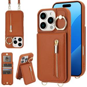 Crossbody Wallet Case for iPhone 15 Pro Max with Lanyard Strap Card Slot Holder RFID Blocking Ring Kickstand,Magnetic Flip Folio Zipper Purse Case, PU Leather Cover Handbag,Brown
