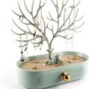 MORE&LESS Antlers Jewelry Display Stand with Aluminium alloy handle, Tree Tower Rack Hanging Organizer for Ring Earrings Necklace Bracelet, Deer Horn Tree Stand with Storage Drawer and Tray