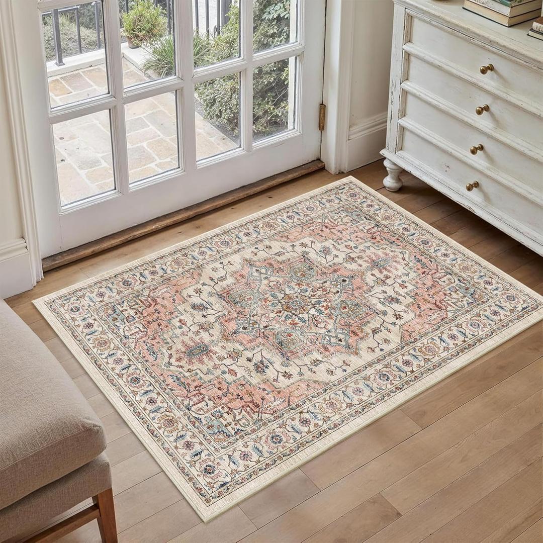 Area Rug 2x3 Entryway Rug Soft Washable Doormat Non Slip Low Pile Lightweight Carpets Indoor Faux Wool Small Rug for Entrance, Kitchen, Bedroom, Living Room (Beige/Pink)
