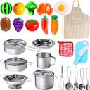 28Pcs Pretend Play Kitchen Toys, Kitchen Playset Cooking Toys Set with Stainless Steel Cookware and Accessories for Kids Toddlers Girls Boys