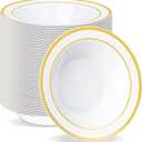 BESTVIP 100 Pack Plastic Bowls with Gold Rim, 12 oz Disposable Soup Bowls, Heavy-duty Dessert Salad Bowl for Party, Wedding, Christmas, Dinner, Catering