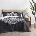 Comfort Spaces Reversible Quilt Set-Vermicelli Stitching Design All Season, Lightweight, Coverlet Bedspread Bedding, Matching Shams, Full/Queen (90 in x 90 in), Ava Medallion Black 3 Piece