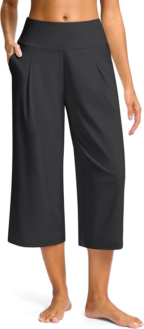 SANTINY Capri Pants for Women Wide Leg Yoga Casual Cropped Pants with Pockets Loose Tummy Control High Waist Capris, XL