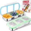 2 Pack Stainless Steel Snack Containers with Lids - Reusable 3 Compartment Snackle Box Container Divide Wet Dry Leakproof Metal Food Storage Containers for School, Home, Travel (Blue + Green)