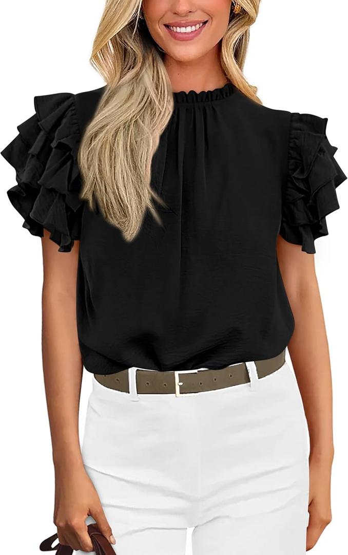KIRUNDO Womens Blouse 2025 Spring Summer Dressy Casual Ruffle Short Sleeve Frill Mock Neck Work Shirt Tops Fashion Clothing(Black, Medium)