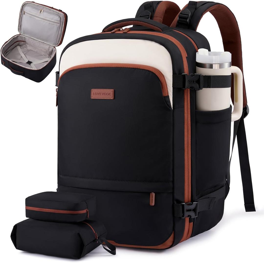 LOVEVOOK Travel Backpack for Women, 45L Expandable Large Carry On Backpack, Personal Item Travel Bag Flight Approved, Business Weekender Overnight Essentials Waterproof Back Pack, Fit 17 Inch Laptop (Black-beige-brown)
