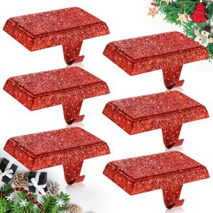Huwena Christmas Stocking Holders Shiny Mantel Stocking Hangers Fireplace Hangers Glitter Hanging Hooks for Christmas Holiday Fireplace Window Table Supplies (Red,6 Pcs)