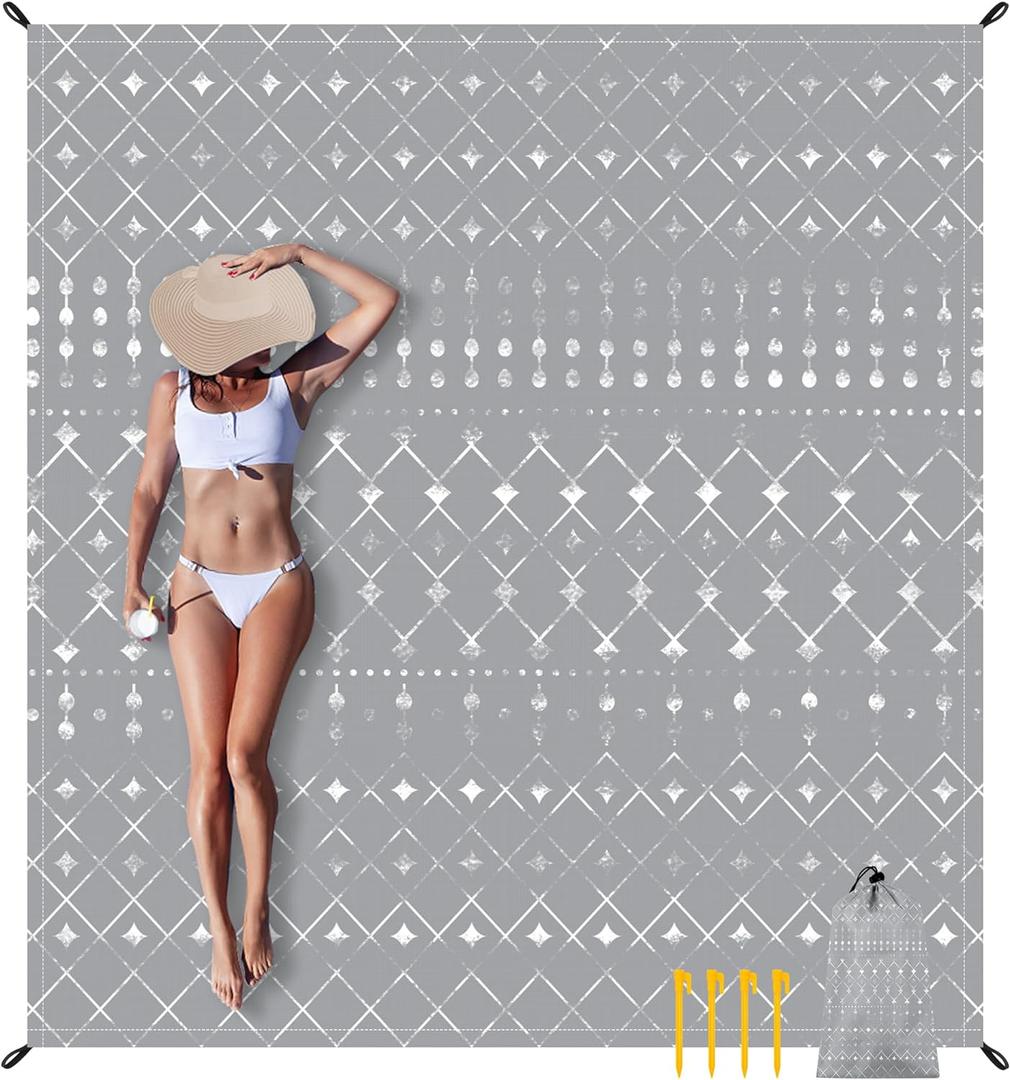 78''86'' Large Beach Blanket for 4 Adults, Outdoor Beach Mat Sand Proof Waterproof with 4 Stakes & 4 Corner Pockets, Polyester Lightweight Comapct Grey Picnic Blanket for Travel, Camping, Hiking (6.6x7.2 FT (14 Person))