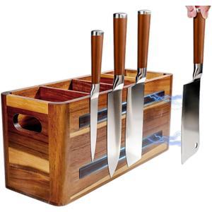 Wooden Kitchen Utensil Holder Organizer for Counter or Countertop, Large Wooden Utensil Holder 4 Compartment, Acacia Wood Container Extra Large.with Strong Magnets Multifunctional Storage Knife Holder