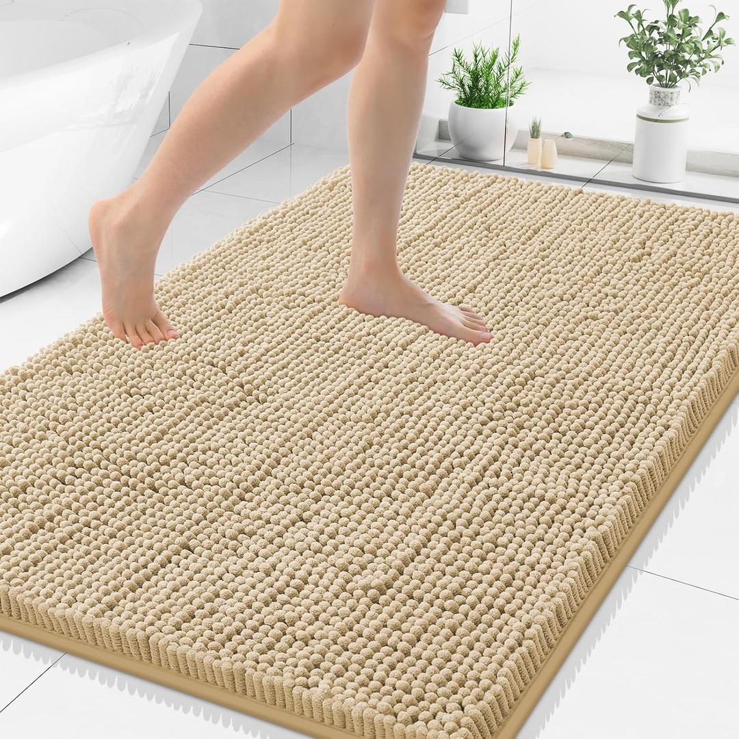 smiry Luxury Chenille Bath Rug, Extra Soft and Absorbent Shaggy Bathroom Mat Rugs, Machine Washable, Non-Slip Plush Carpet Runner for Tub, Shower, and Bath Room (48''x32'', Beige)