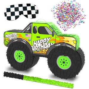 Monster Truck Piata, 4 Piece Set, perfect for Kids Birthday Parties, Race Car Party Supplies fits piata candy and party favors (16X10) Durable! (Green Monster Truck)