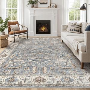 Area Rugs 9x12 for Living Room - Washable Soft Large Vintage Rug Non-Slip Stain Resistant Traditional Stain Resistant Indoor Floor Low Pile Carpet for Bedroom Dining Room or Home Office - Blue Multi