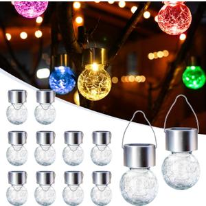 GIGALUMI Solar Lights Outdoor Waterproof, 12 Pack Solar Hanging Lights Garden Decor, Gifts for Women, Solar Outdoor Lantern Waterproof Cracked Glass for Yard, Fence, Tree