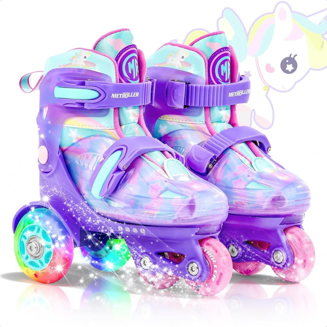 METROLLER Adjustable Boys Balance Roller Skates for Toddler Ages 3-6 Rainbow Unicorn Dinosaurs Illuminating Rollerskates for Girls Kids Three Line Wheels Suitable for Beginners