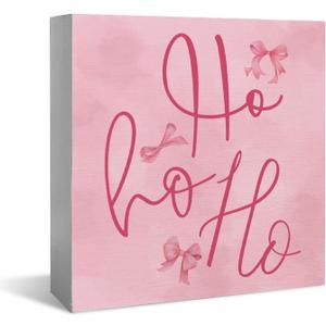 Pink Bow Christmas Wooden Box SignHO HO HOPink Christmas Decorations, Christmas Office Decorations for Work Desk, Christmas Gifts for Women 5x5 Inch