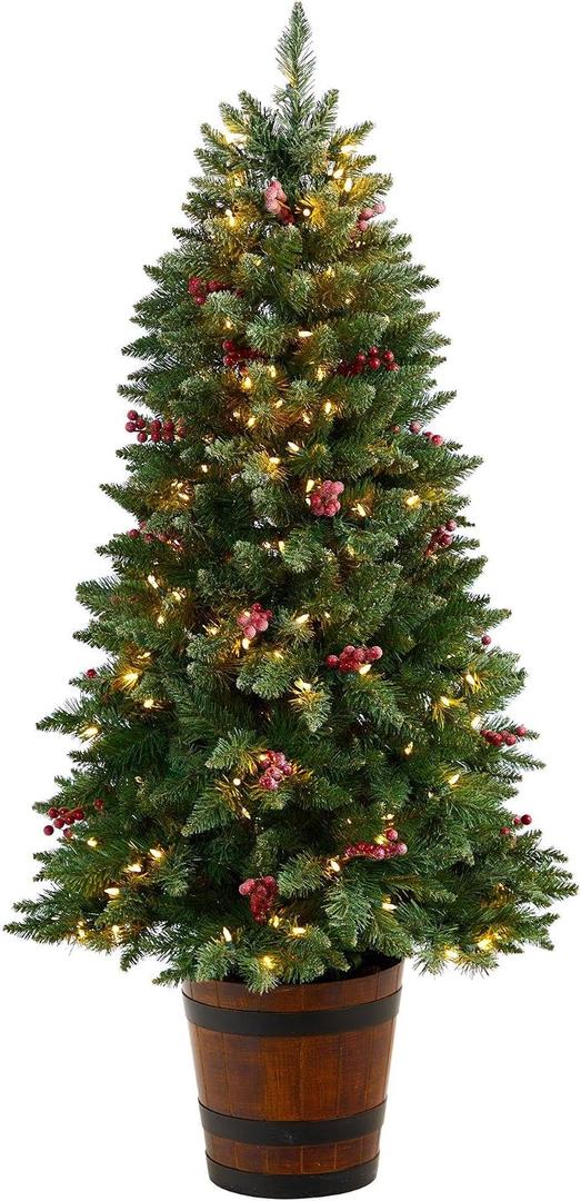 Nearly Natural 5ft. Frosted Colorado Aspen Pre-Lit Artificial Porch Christmas Tree with 200 LED Lights, 426 Bendable Branches and Berries in Decorative Planter