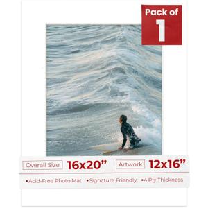 12x16 Mat for 16x20 Frame - Precut Mat Board Acid-Free White 12x16 Photo Matte Made to Fit a 16x20 Picture Frame, Premium Matboard for Family Photos, Show Kits, Art, Picture Framing, Pack of 1 Mat