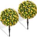 Grewyear Fall Artificial Topiary Ball Trees with Spike Set of 2, Fall Faux Boxwood Plants for Outdoor Planters, UV Resistant Artificial Outdoor Shrubs, Fake Bushes for Porch, Garden, Patio Decor (With Yellow Flower)