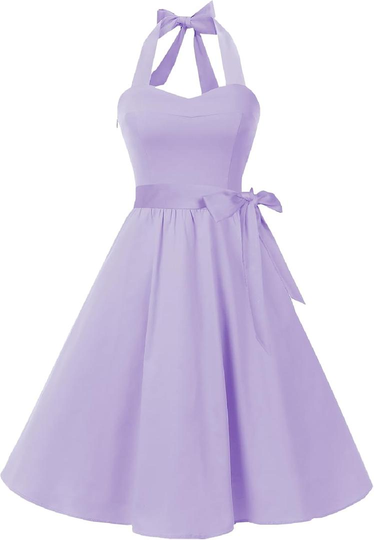 Topdress Women'sVintage Polka Audrey Dress 1950s Halter Retro Cocktail Dress (Medium, Lavender)