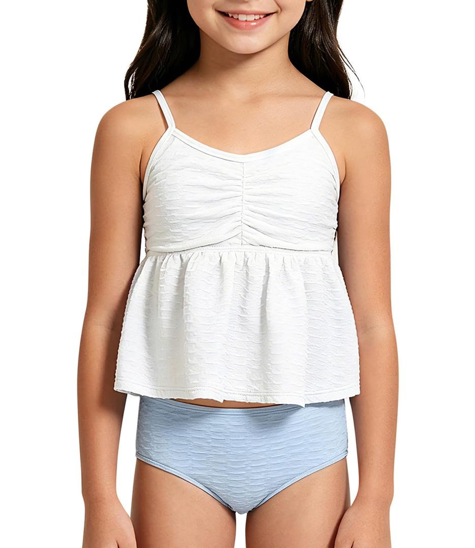 grehava Girls Tankini Swimsuit 2-Piece Tankini Set Adjustable Straps and High Waisted Bathing Suit Swimwear Traje Bao Nias Size 8-9 Year Old White Blue