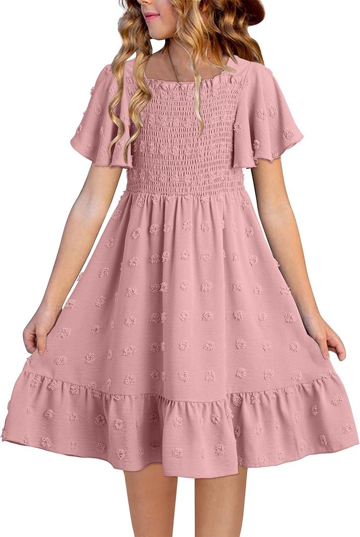 blibean Tween Girls Summer Dresses Kids Polka Dot Dress Size 6-15 Years (Pink)