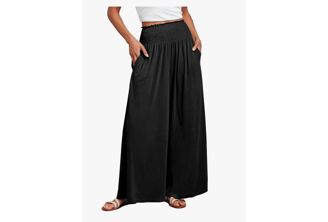 ANRABESS Women Palazzo Pants Summer Boho Baggy Wide Leg High Smocked Waist Casual Loose Lounge Pant with Pocket L (Black)