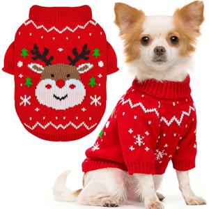 Dog Christmas Sweater Soft Warm Fall Winter Cat Clothes Puppy Sweater for Small Dogs Cute Xmas Reindeer Doggie Outfit Cat Sweaters with Sleeves Pet Holiday Costume Chihuahua Apparel(Red,L)