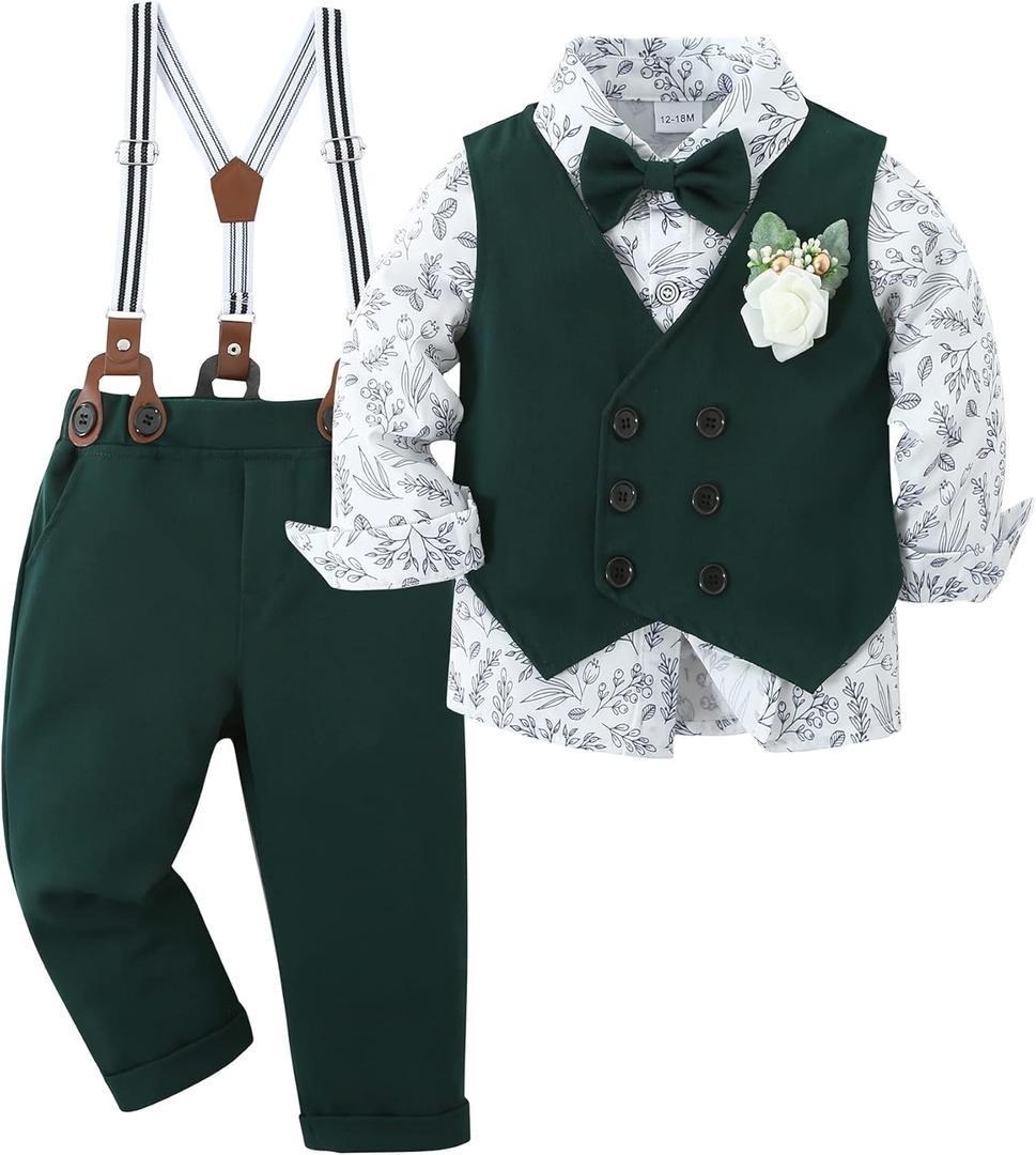 YALLET Toddler Baby Boy Clothes Suit Gentleman Wedding Outfits, Formal Dress Shirt+Bowtie+Vest+Boutonniere+Suspender Pants(V Green, 12-18 Months)