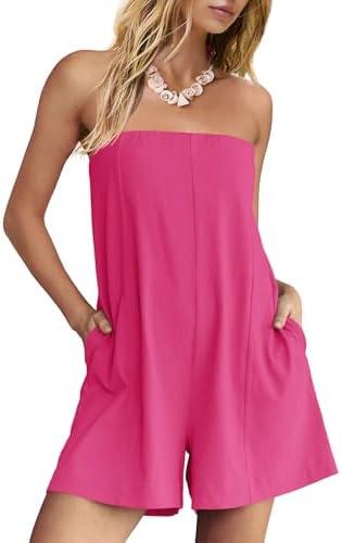 ReachMe Womens Strapless Short Rompers Off Shoulder One Piece Short Jumpsuits Summer Sleeveless Rompers with Pockets Large, Hot Pink 