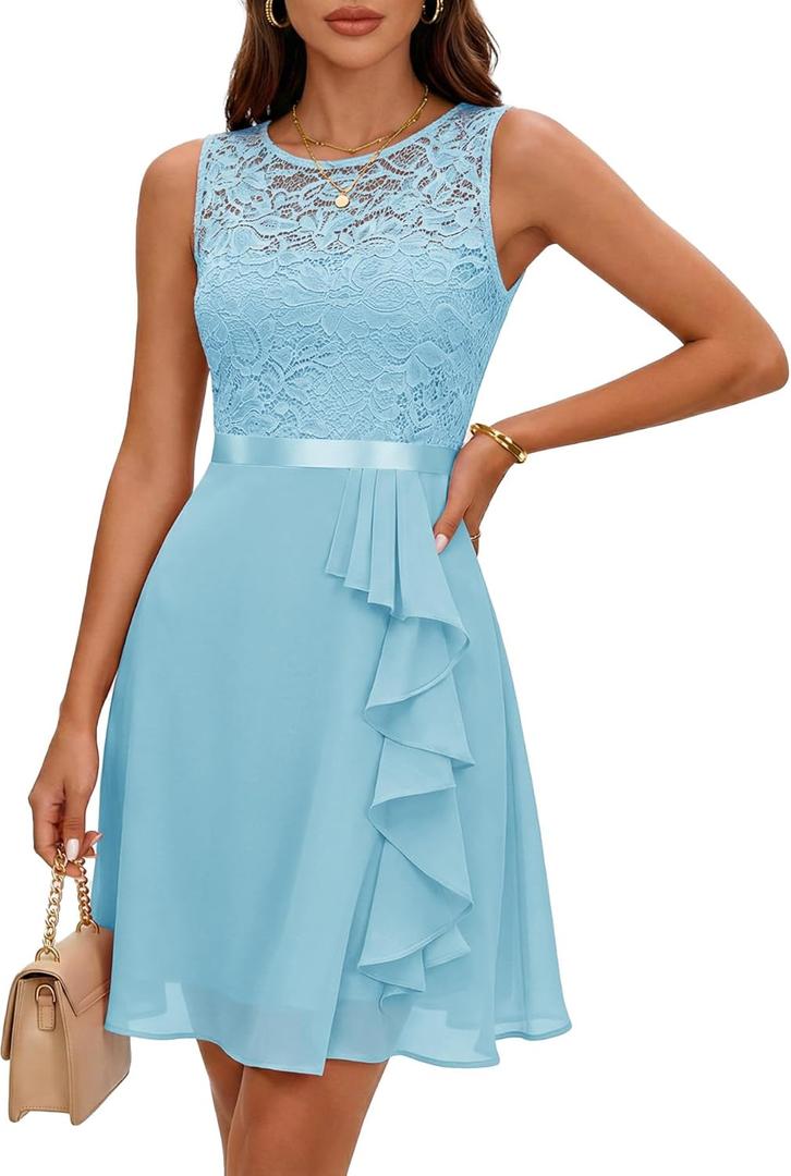 BeryLove Formal Cocktail Dresses Bridesmaid Wedding Guest Short Prom Dress Ruffle Hem Sleeveless Homecoming Lace Gowns (Blue, S)