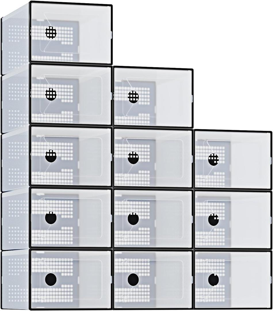 DUMOS Shoe Storage Boxes, 12-Pack Stackable Clear Shoe Containers with Lids, Display Sneaker Case Organizer for Closet, Under Bed, Entryway, Black, Fit Size 11.