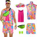 Yonroik 5 Pieces 80s Workout Costume for Men Halloween Cosplay 80s 90s Workout Outfit Party Clothing for Adult Mens (Pink, XLarge)
