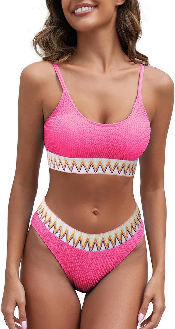 Fanuerg Women's Ribbed Bikini Sets Scoop Neck Cheeky Swimsuit Textured Two Piece Bathing Suit (Hot Pink1)