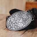 Western PU Leather Cowboy Cowgirl Belt for Men & Women - Vintage Flower Buckle Embossed Leather Belts for Jeans Pants